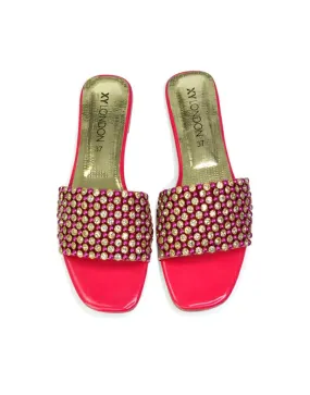 Daisy-Jones Slip On Slider Diamante Flat Sandals With Square Toe in Pink