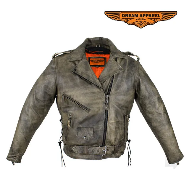 Distressed Brown Naked Cowhide Leather Motorcycle Jacket W/ Gun Pockets