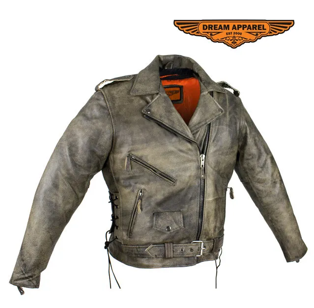 Distressed Brown Naked Cowhide Leather Motorcycle Jacket W/ Gun Pockets