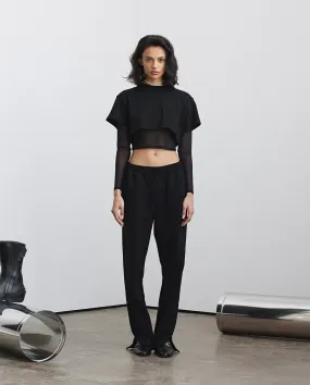 Double Layer Mesh Sleeve Crop Top - Black