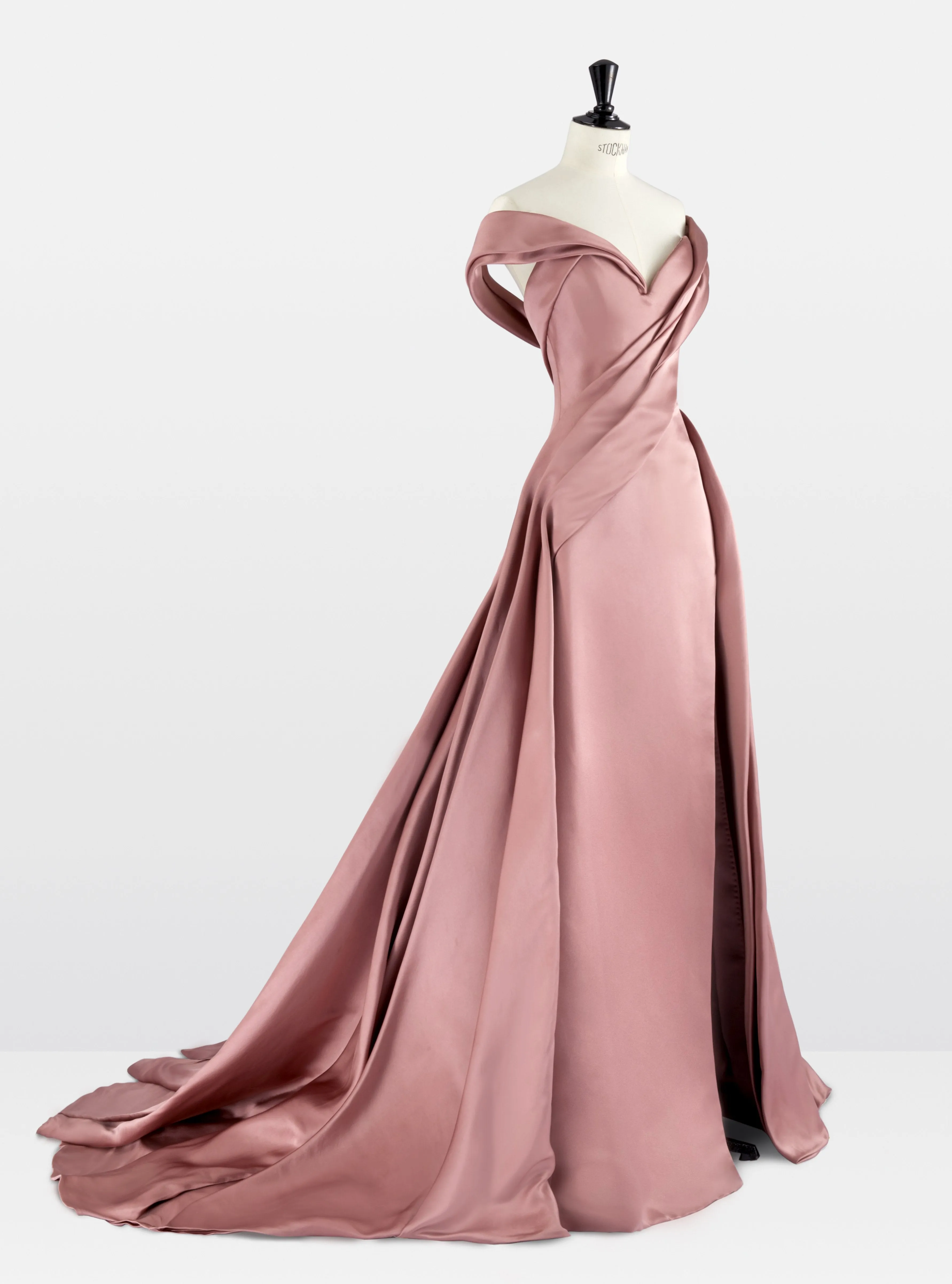 Dusky Rose Double Satin Off the Shoulder Asymmetric Gown