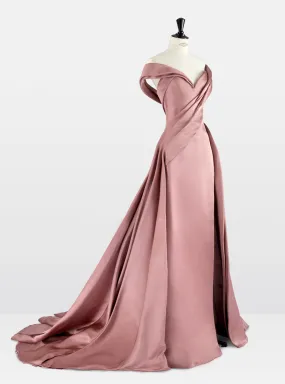 Dusky Rose Double Satin Off the Shoulder Asymmetric Gown