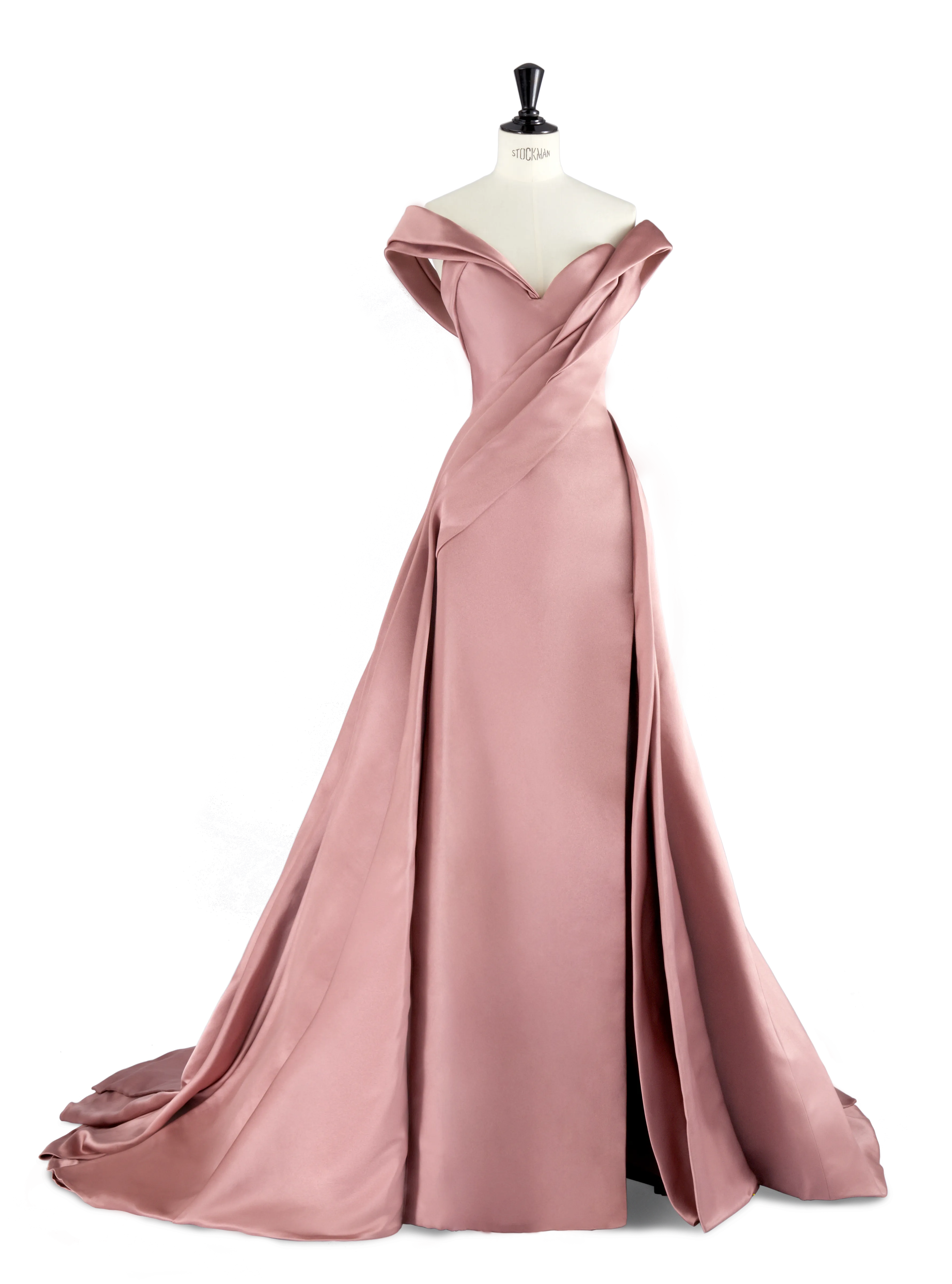 Dusky Rose Double Satin Off the Shoulder Asymmetric Gown