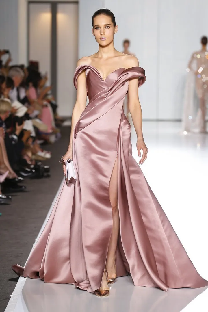 Dusky Rose Double Satin Off the Shoulder Asymmetric Gown