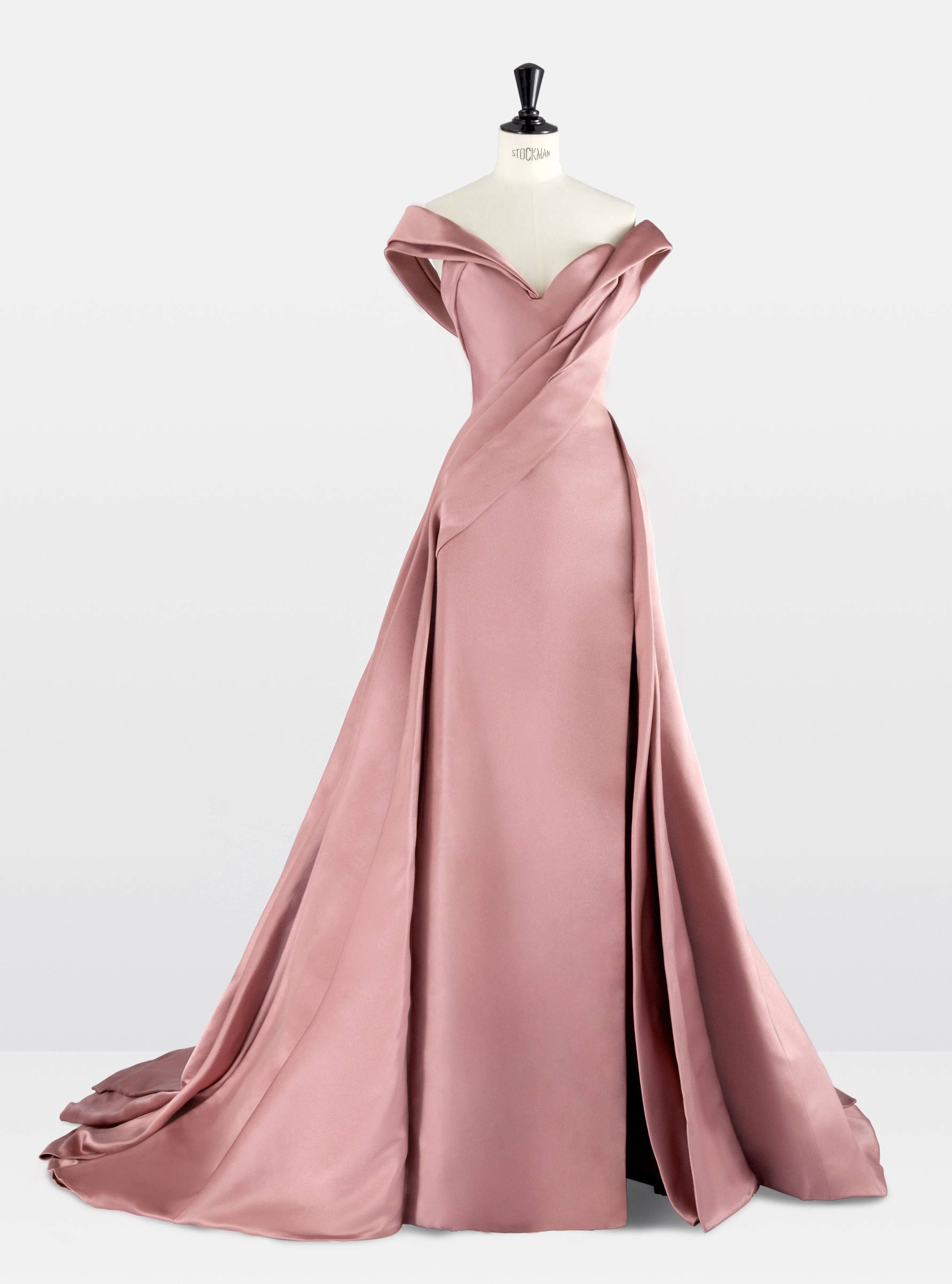 Dusky Rose Double Satin Off the Shoulder Asymmetric Gown