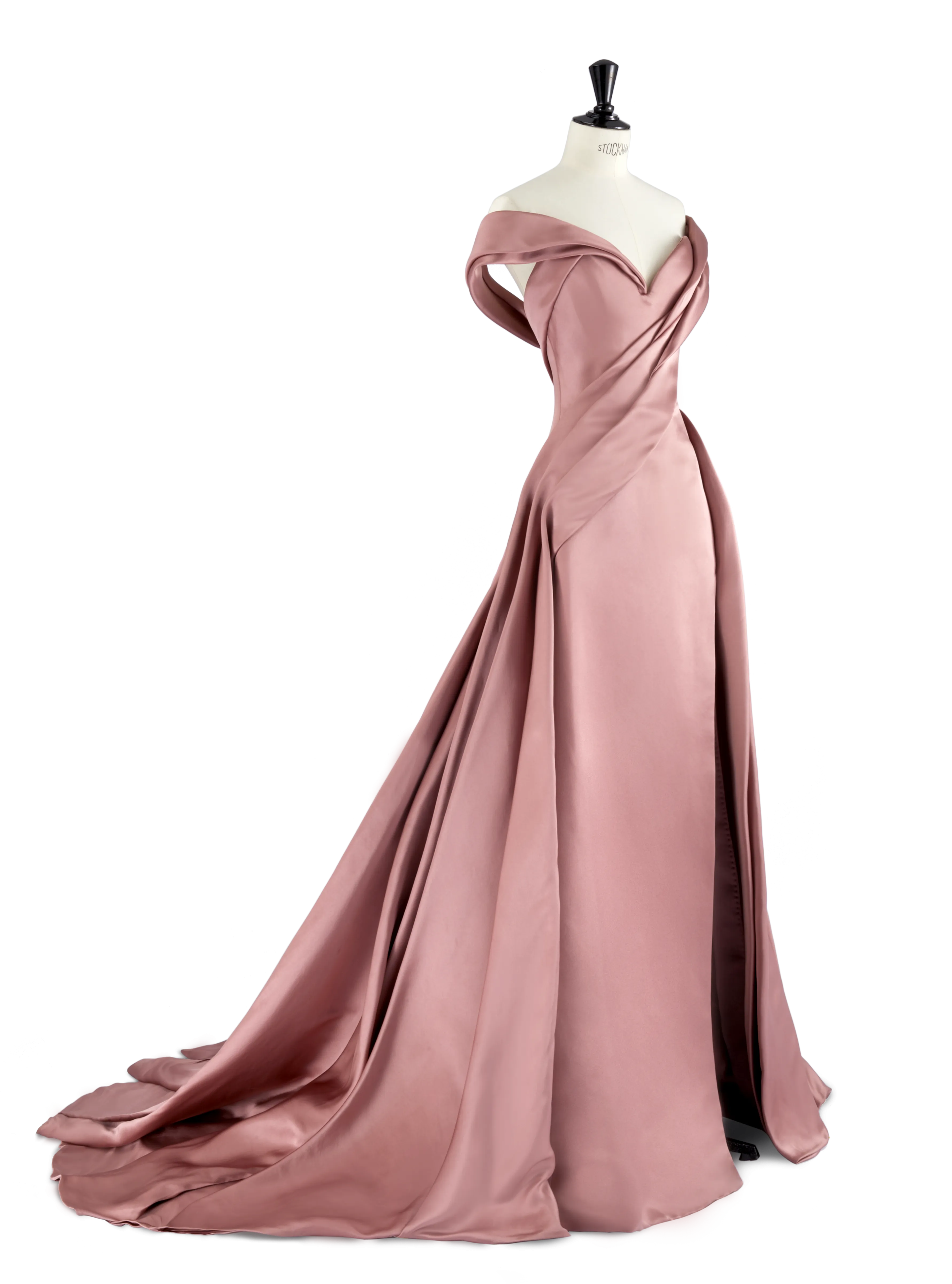 Dusky Rose Double Satin Off the Shoulder Asymmetric Gown