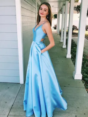 Elegant Light Blue A Line V Neck Floor Length Satin Long Prom Dresses with Pocket, Light Blue Formal Dresses, Evening Dresses