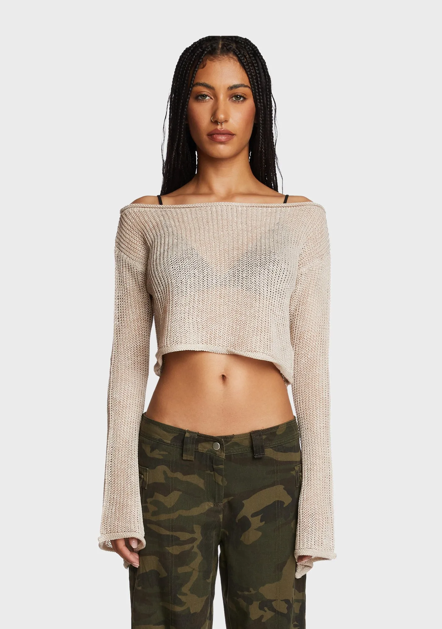 Emmie Off The Shoulder Sheer Knitted Top - Beige