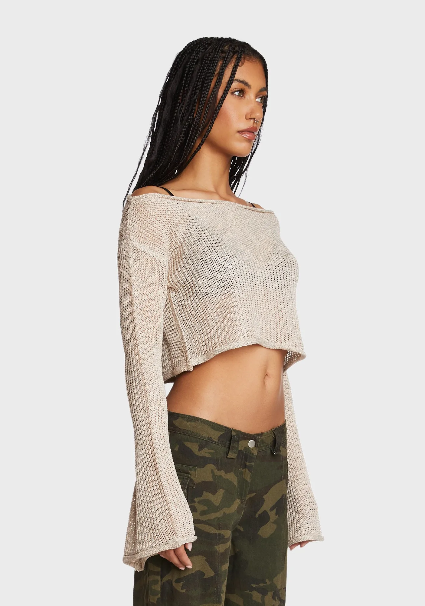 Emmie Off The Shoulder Sheer Knitted Top - Beige