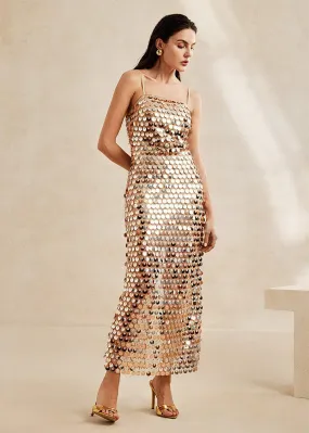 Enza Sequin Midi Dress in Gold