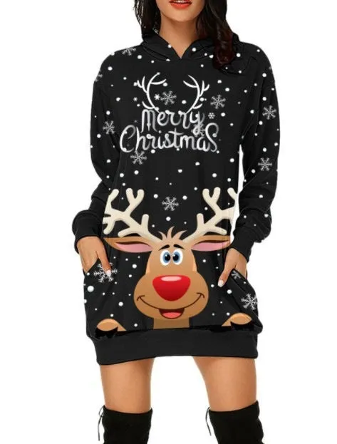 Festive Reindeer Hooded Christmas Dress - Cozy & Stylish for the Holidays!