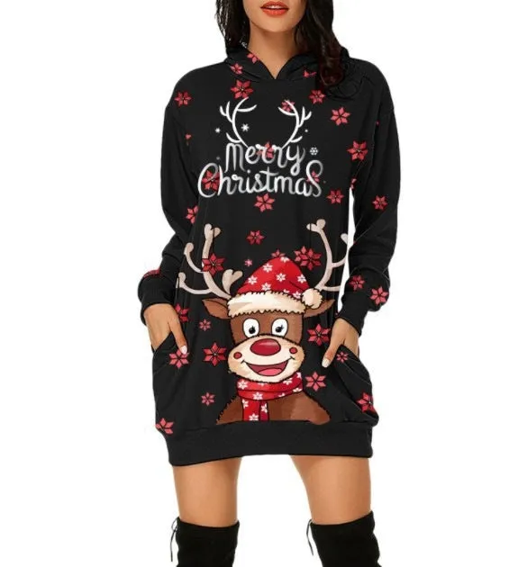 Festive Reindeer Hooded Christmas Dress - Cozy & Stylish for the Holidays!