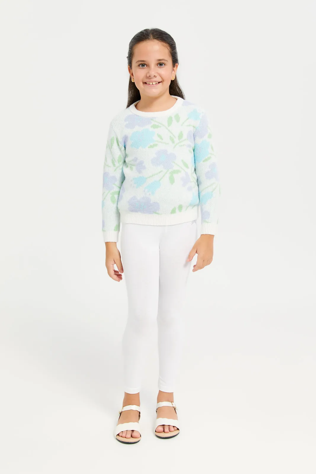 Girls White And Blue Floral Print Pullover