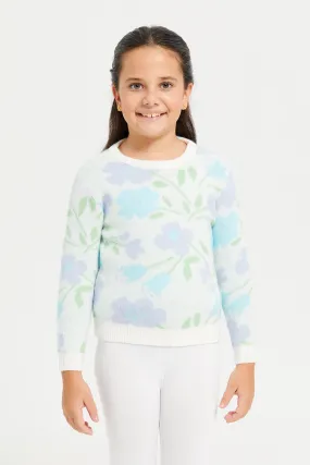 Girls White And Blue Floral Print Pullover