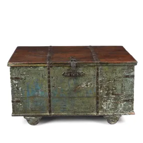 Green Painted Teak Chest From Gujarat - 19th Century