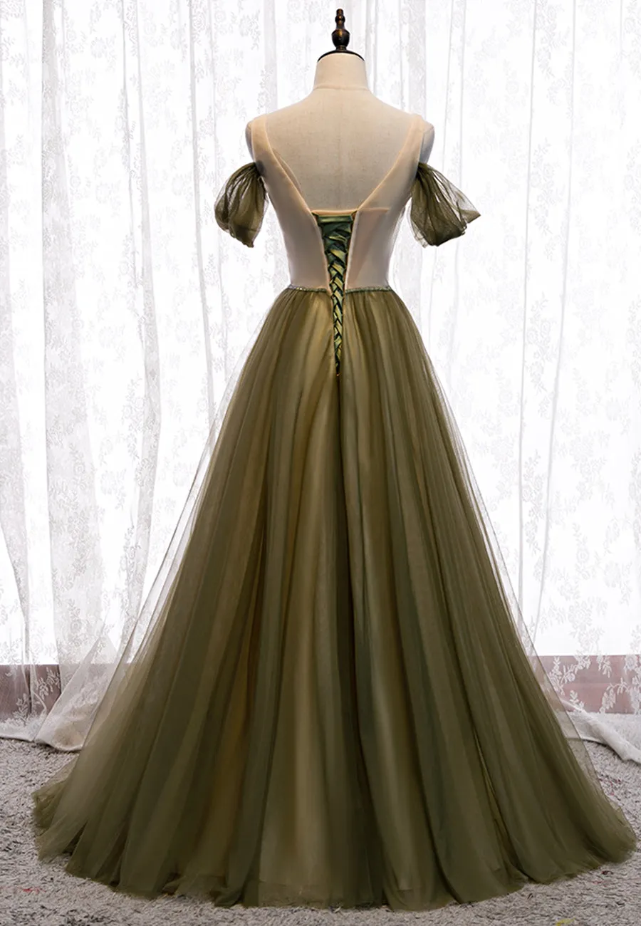 Green Tulle Long A-Line Prom Dresses, Off the Shoulder Evening Dresses