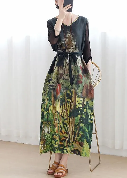 Handmade green print Robes v neck tie waist Maxi summer Dress