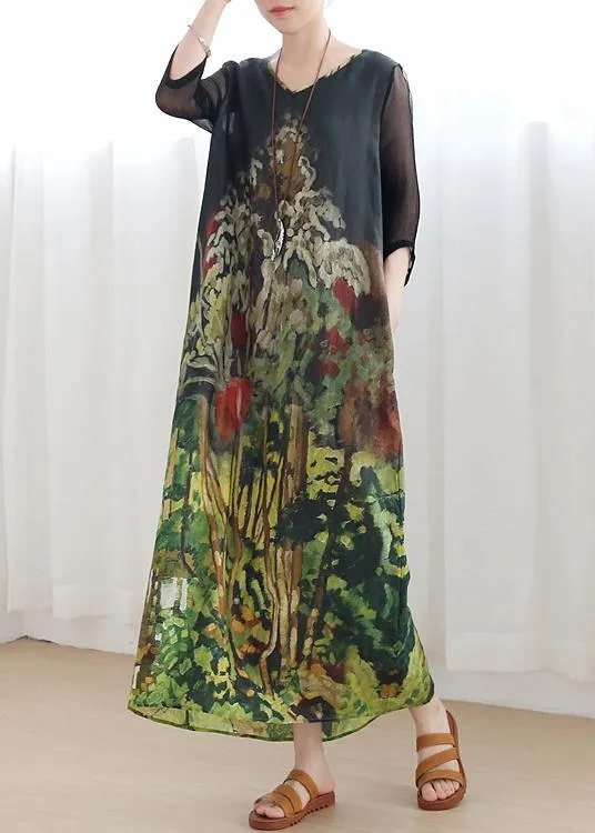 Handmade green print Robes v neck tie waist Maxi summer Dress