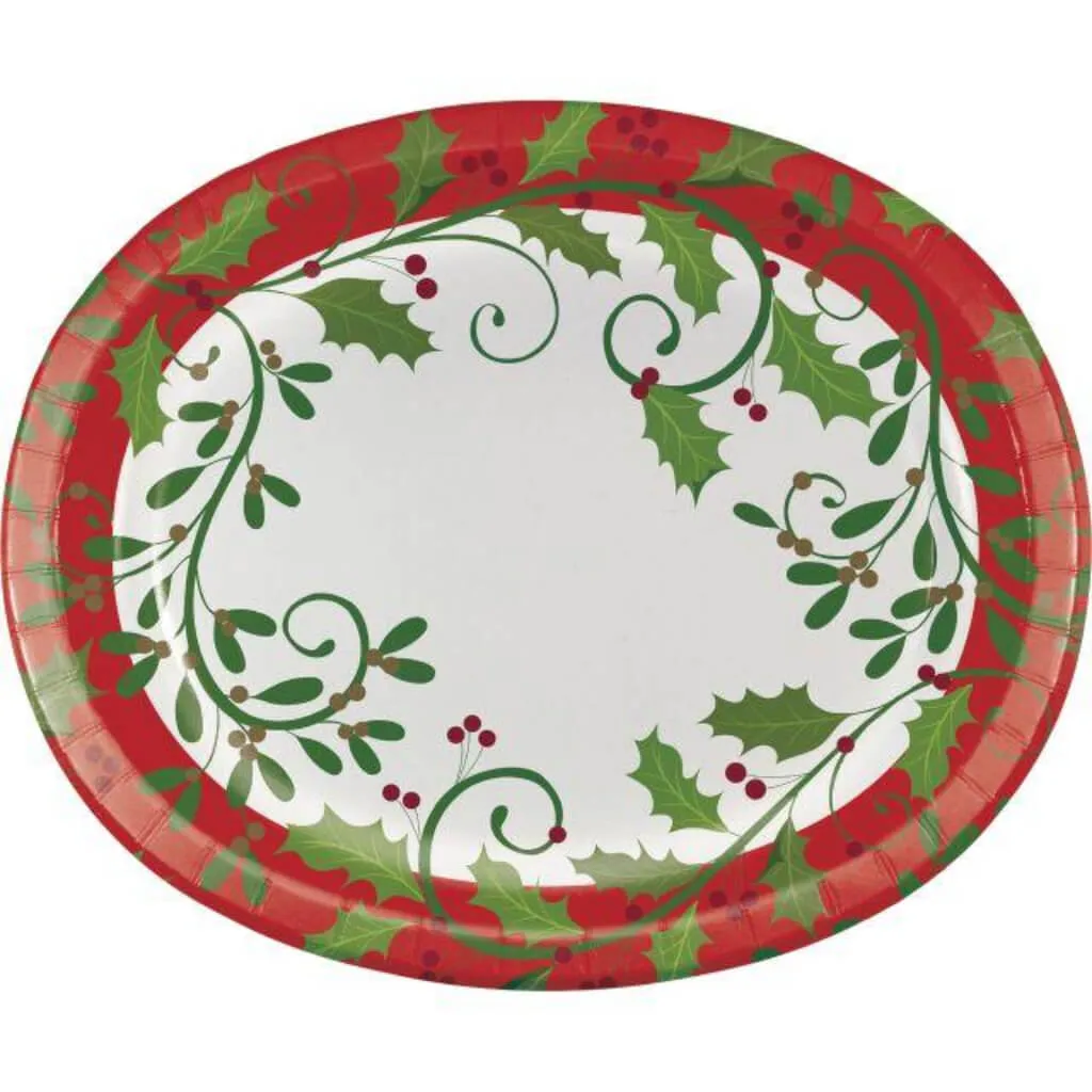 Holiday Holly Paper Oval Plate 12in 8ct