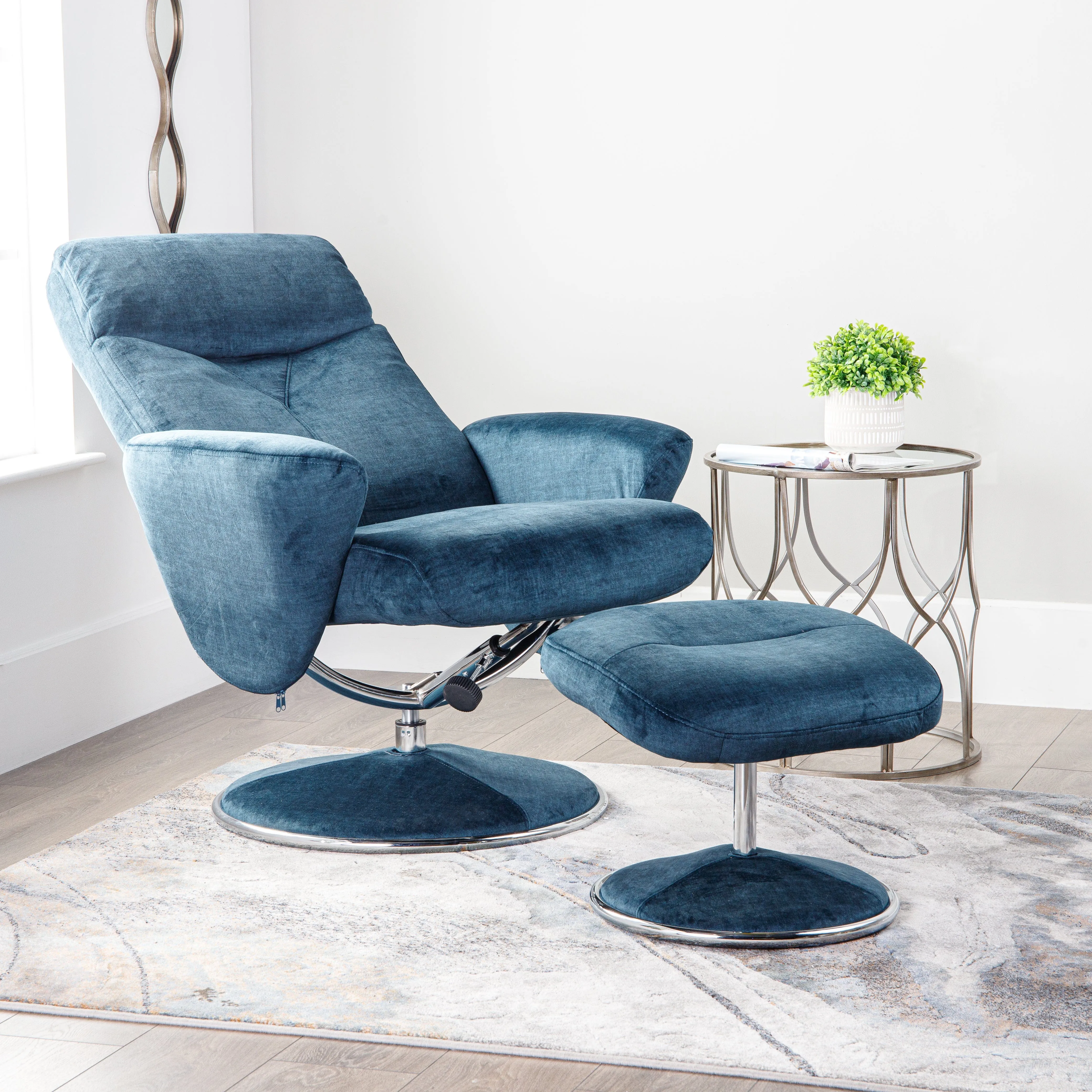 Houston Blue Recliner Chair & Stool