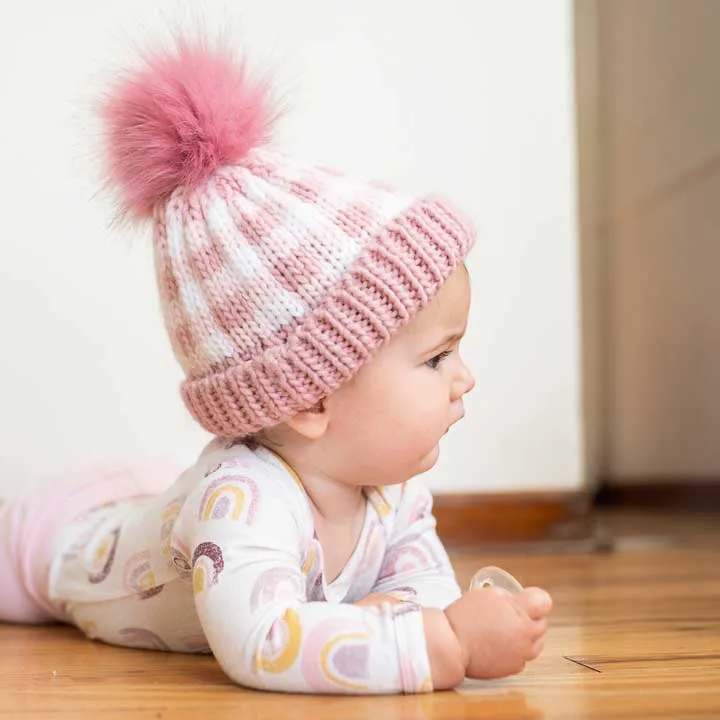 Huggalugs Pom Pom Beanie - Rosy Pink Buffalo Check