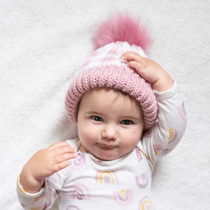 Huggalugs Pom Pom Beanie - Rosy Pink Buffalo Check