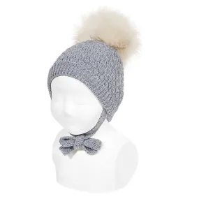 Light Grey Faux Fur Pom Pom Hat with Ties