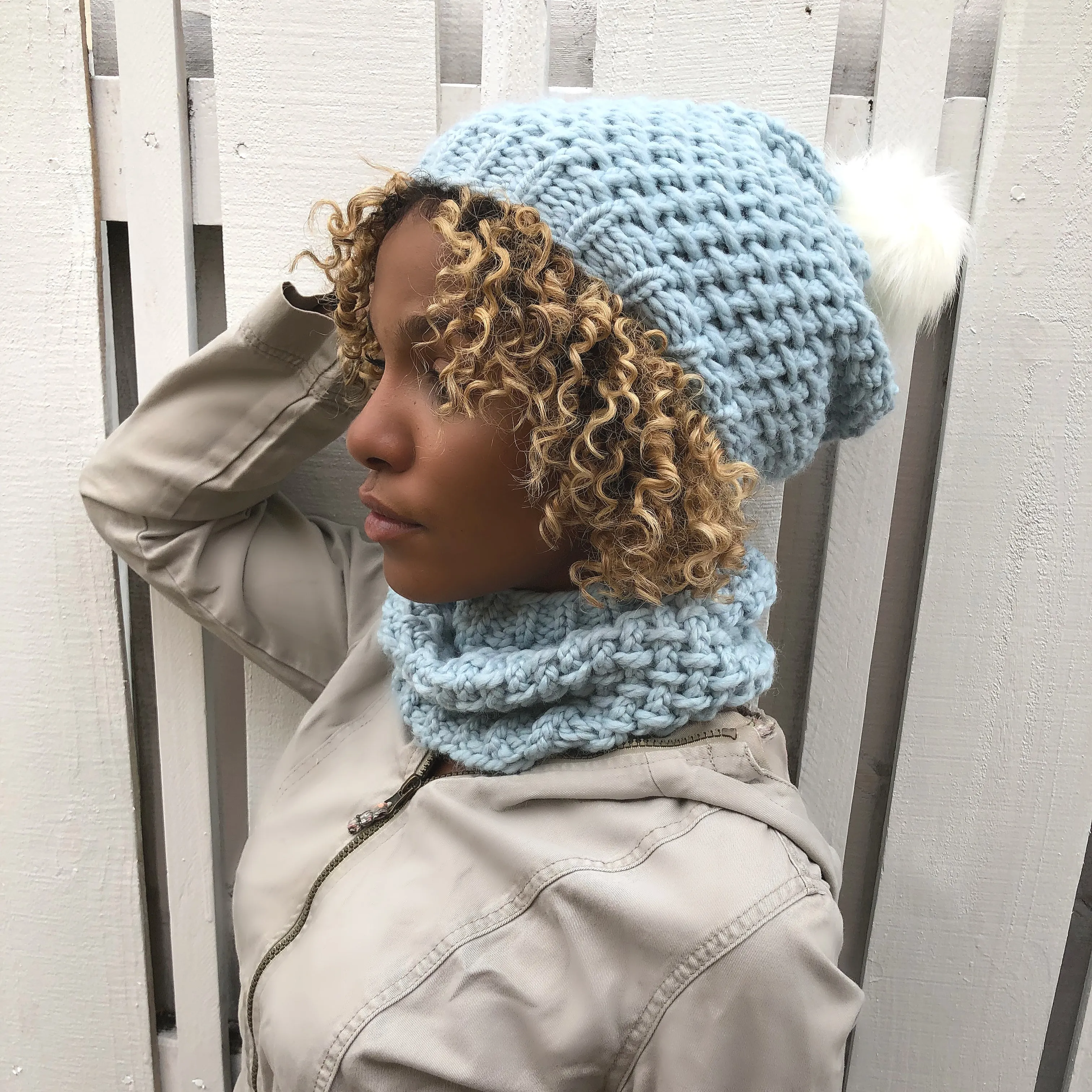 Linen Stitch Slouchy Hat and Cowl Set Pattern