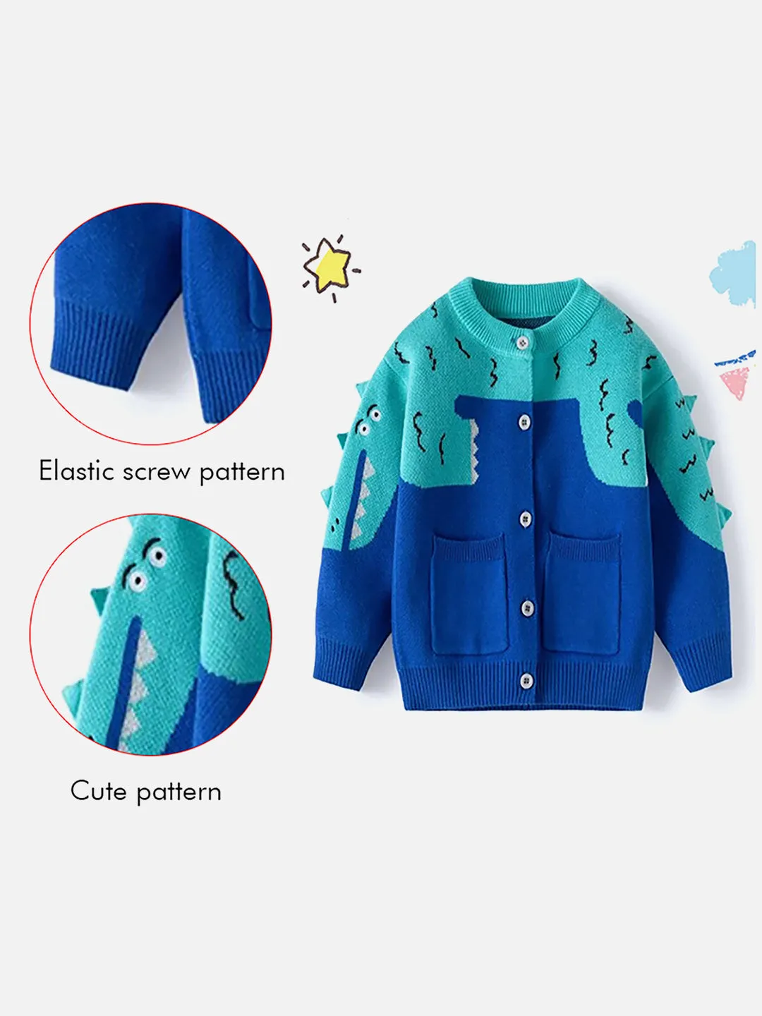 Little Surprise Box Turquoise Blue Dinosaur Cardigan/Warmer/Sweater for Toddlers & Kids