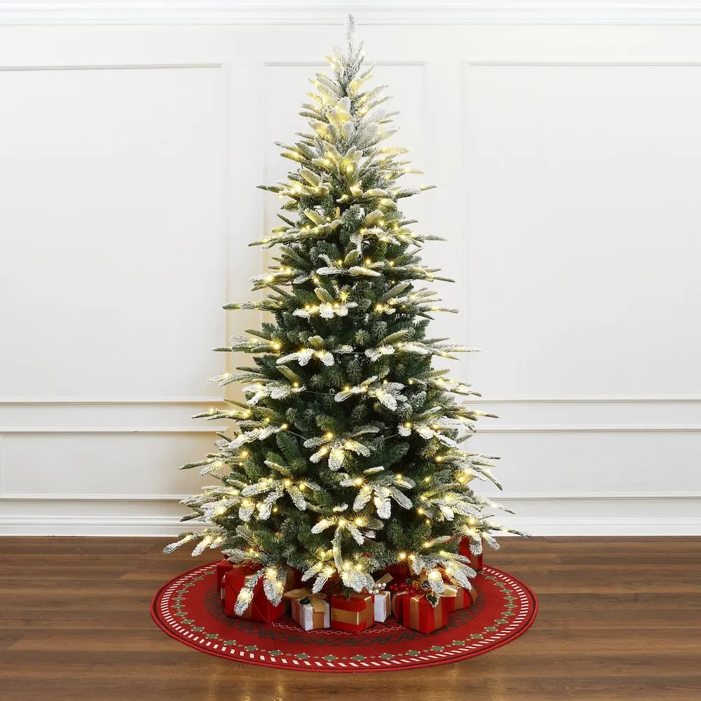 LuxenHome 7Ft Pre-Lit Flocked Fraser Fir Slim Artificial Christmas Tree