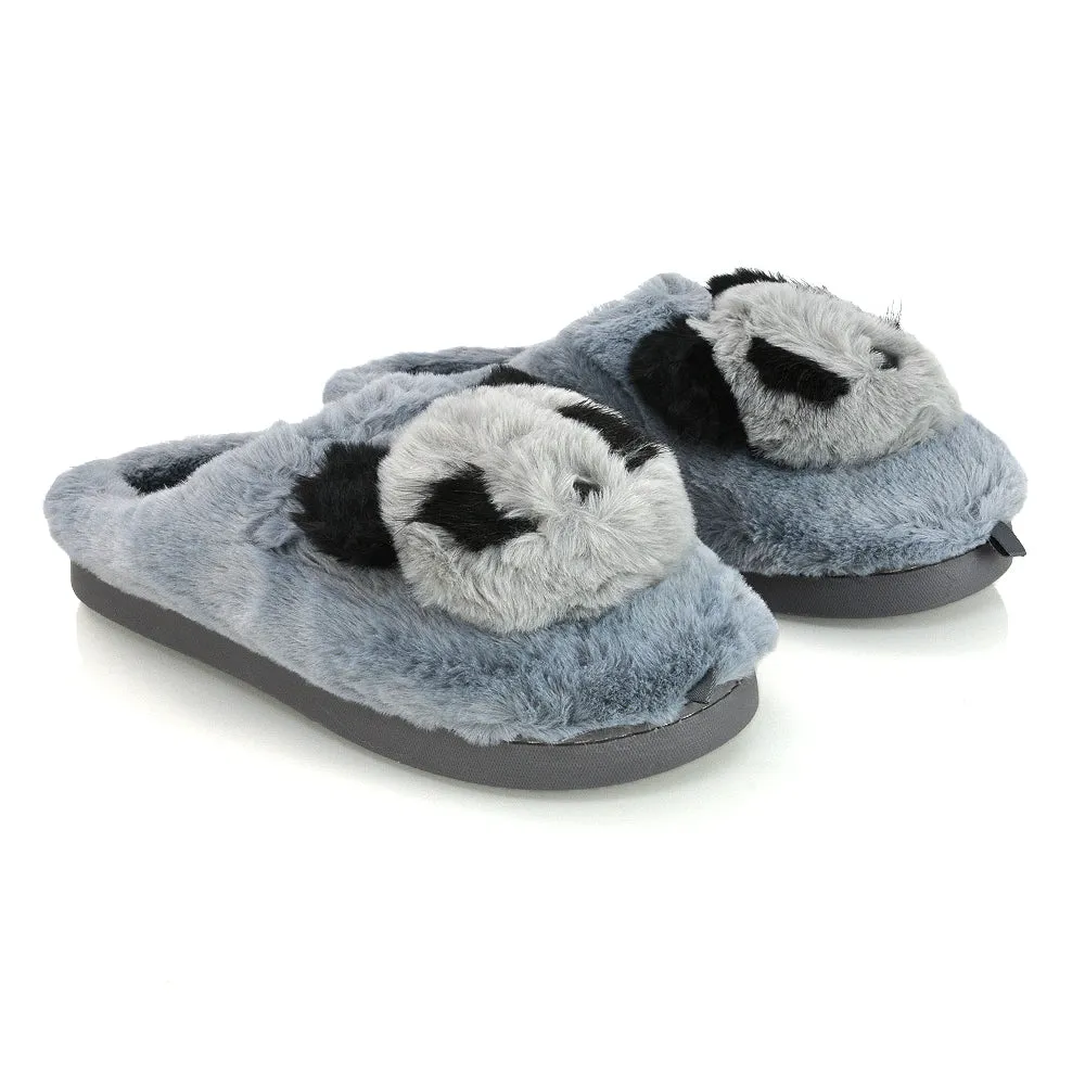 Maddie Fluffy Faux Fur Closed Toe Slip on Flat Panda Slipper Slides in Black