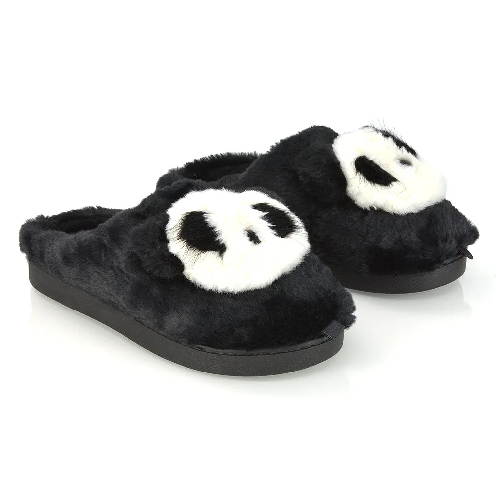 Maddie Fluffy Faux Fur Closed Toe Slip on Flat Panda Slipper Slides in Black