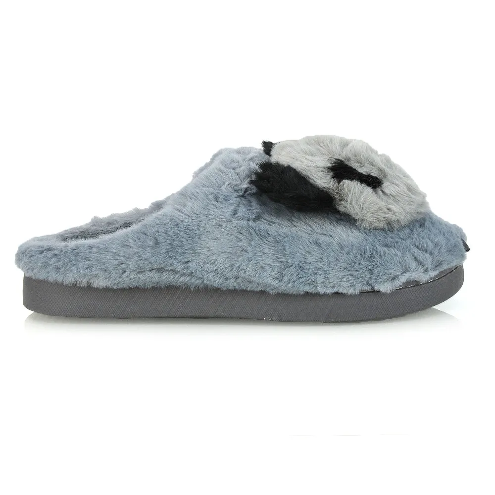 Maddie Fluffy Faux Fur Closed Toe Slip on Flat Panda Slipper Slides in Black