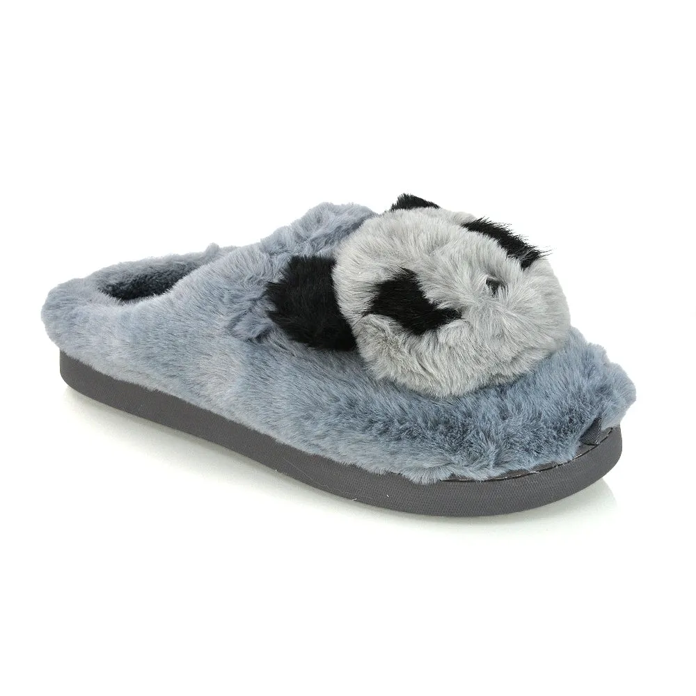 Maddie Fluffy Faux Fur Closed Toe Slip on Flat Panda Slipper Slides in Black