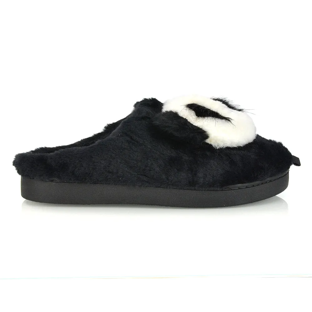 Maddie Fluffy Faux Fur Closed Toe Slip on Flat Panda Slipper Slides in Black