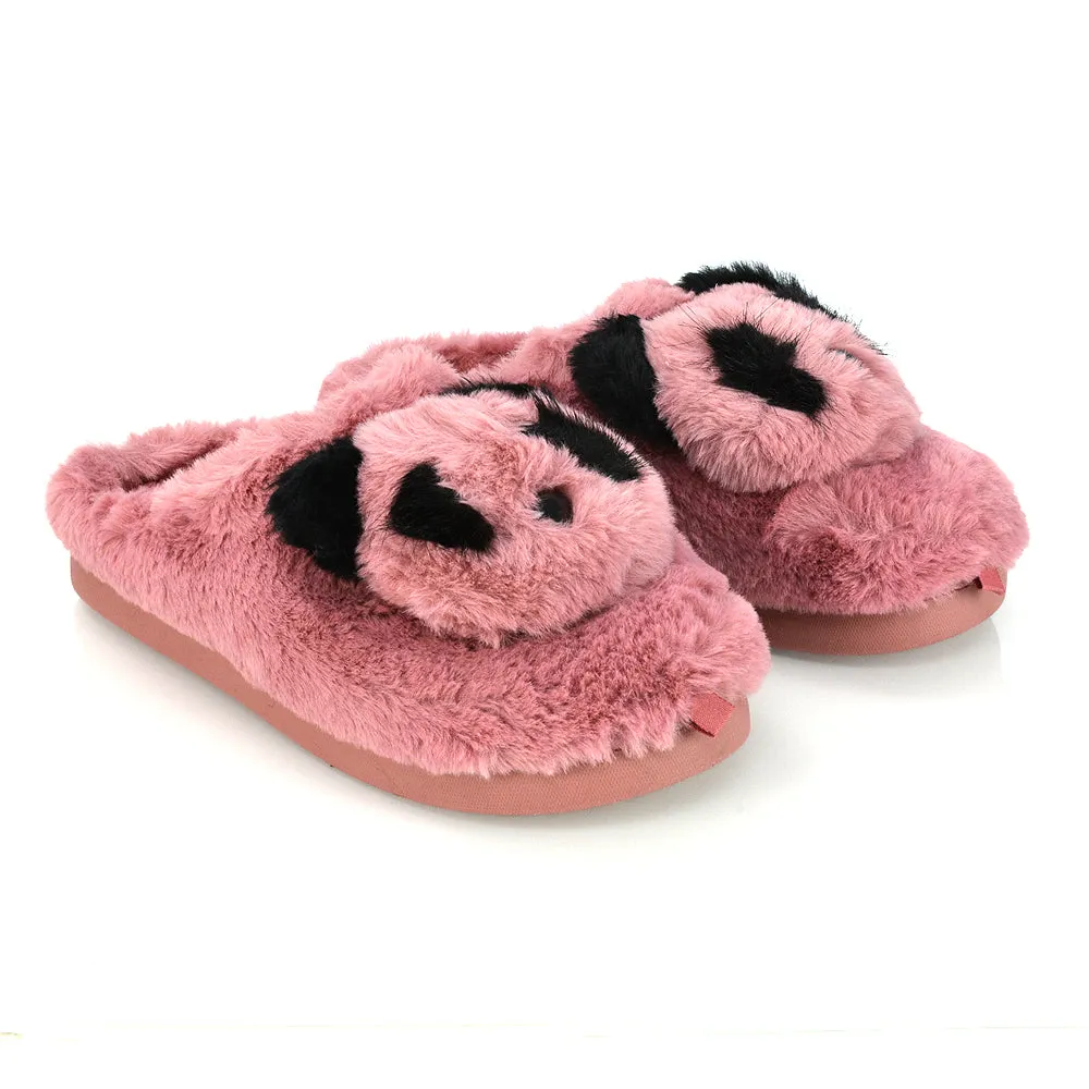 Maddie Fluffy Faux Fur Closed Toe Slip on Flat Panda Slipper Slides in Black