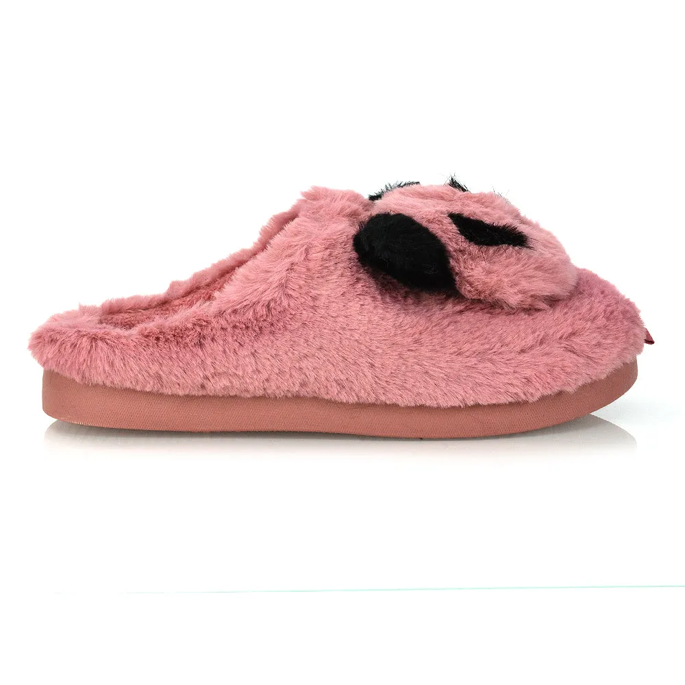 Maddie Fluffy Faux Fur Closed Toe Slip on Flat Panda Slipper Slides in Black