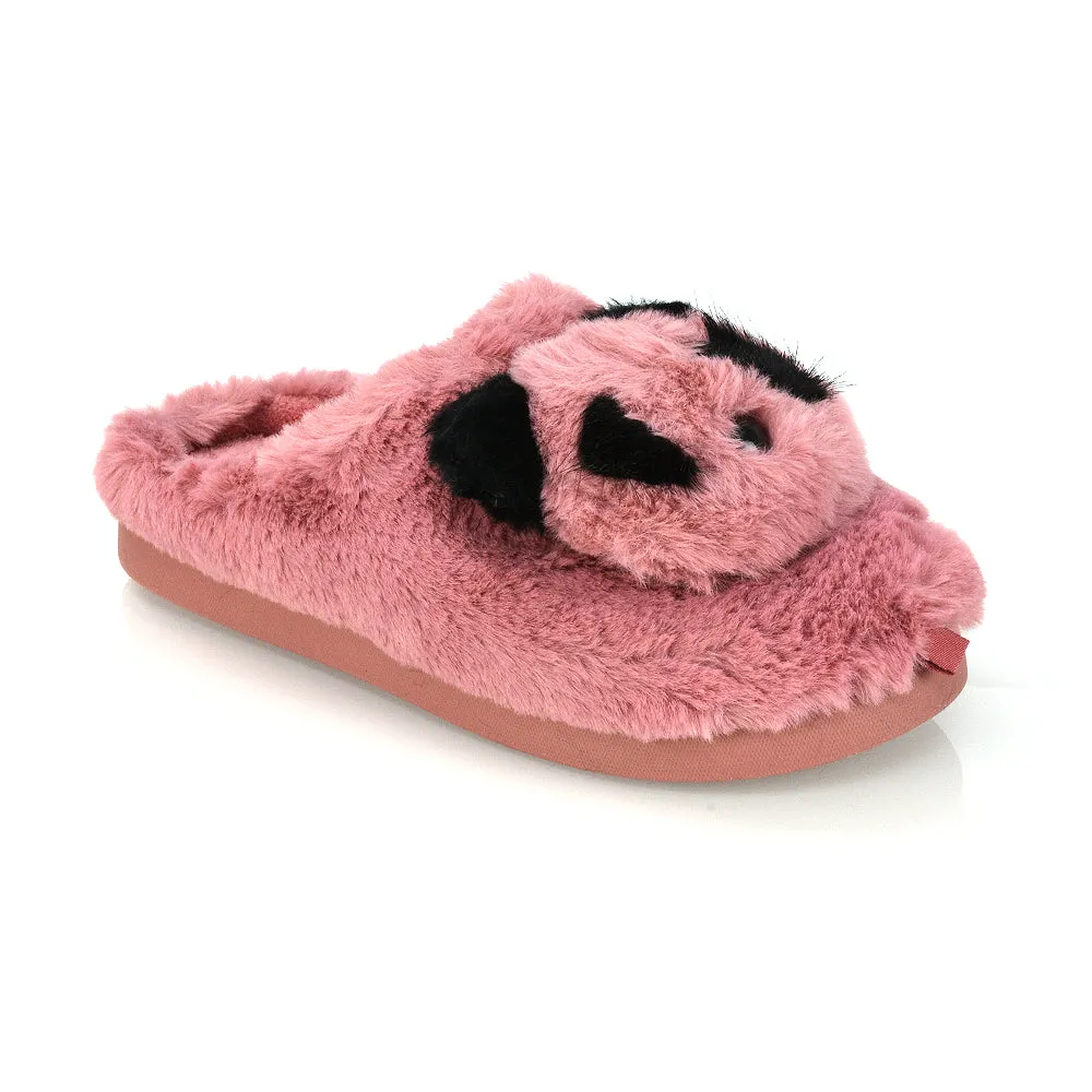 Maddie Fluffy Faux Fur Closed Toe Slip on Flat Panda Slipper Slides in Black