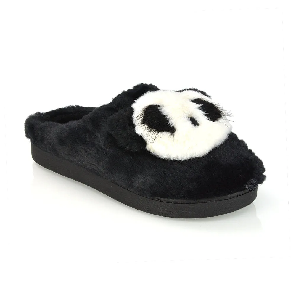 Maddie Fluffy Faux Fur Closed Toe Slip on Flat Panda Slipper Slides in Black