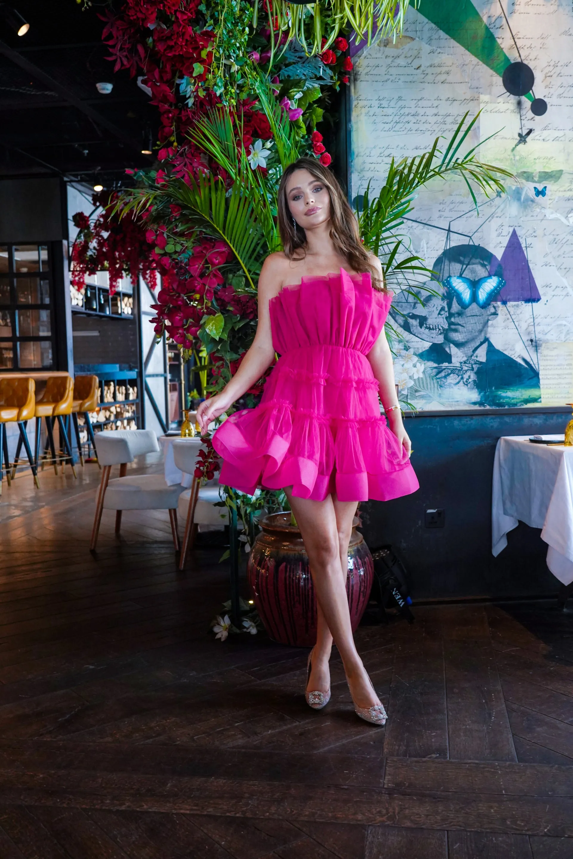 Maine Bright Pink Tulle Mini Dress