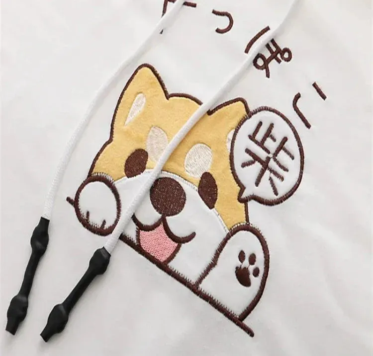 Metaversmall Hooded T Shirts Cartoon Dog Embroidery Funny  Shirt Summer Short Sleeve O Neck Cotton -shirt For Girl Female