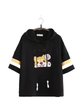 Metaversmall Hooded T Shirts Cartoon Dog Embroidery Funny  Shirt Summer Short Sleeve O Neck Cotton -shirt For Girl Female