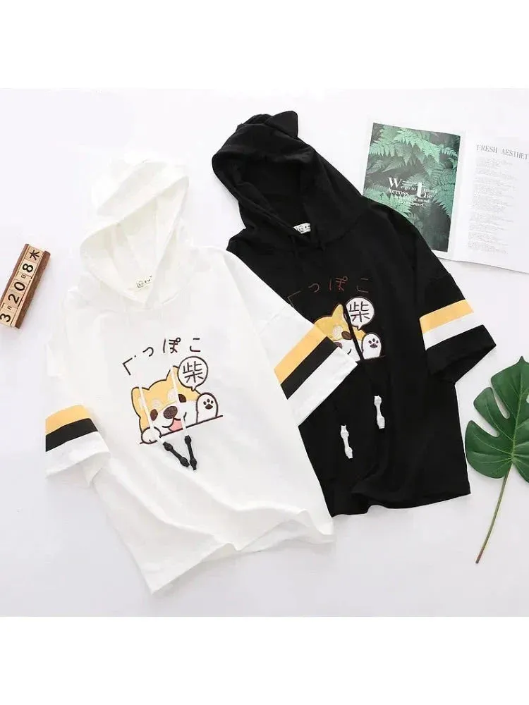 Metaversmall Hooded T Shirts Cartoon Dog Embroidery Funny  Shirt Summer Short Sleeve O Neck Cotton -shirt For Girl Female