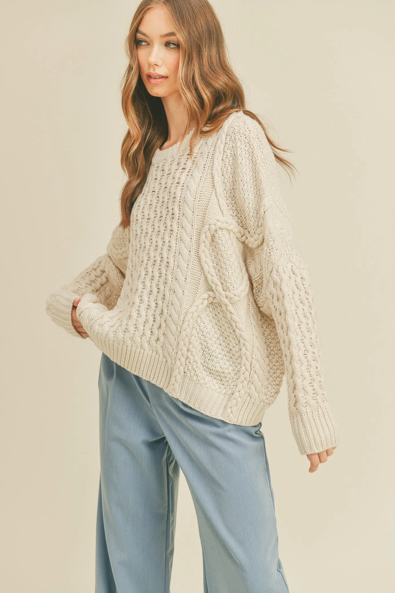 MIXED BRAIDED CABLE KNIT SWEATER