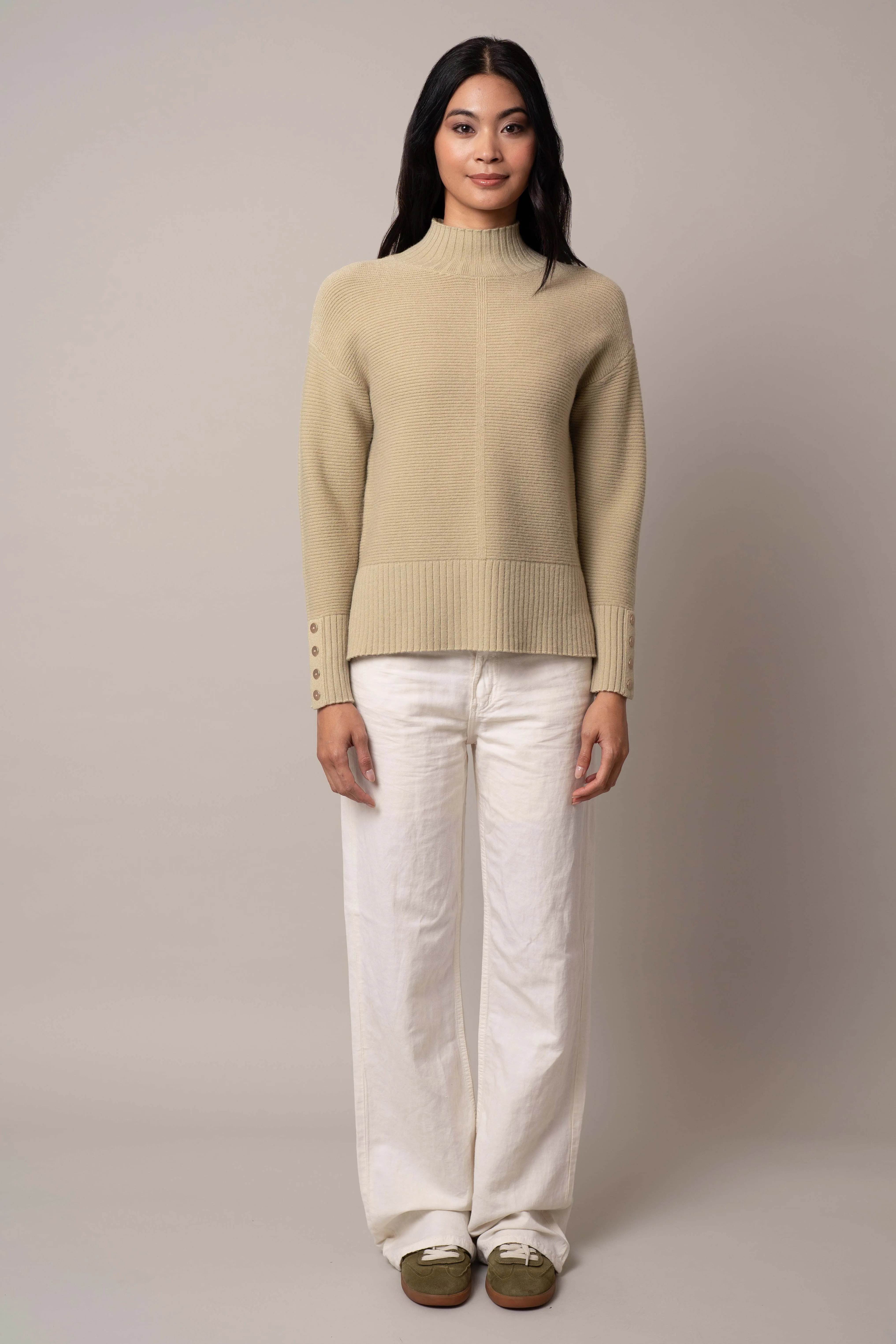 Mock Neck Pullover with Button Cuff