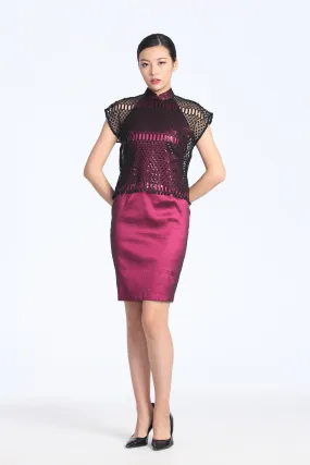 MULBERRY HALTER QIPAO WITH BLACK SEQUINED TOP