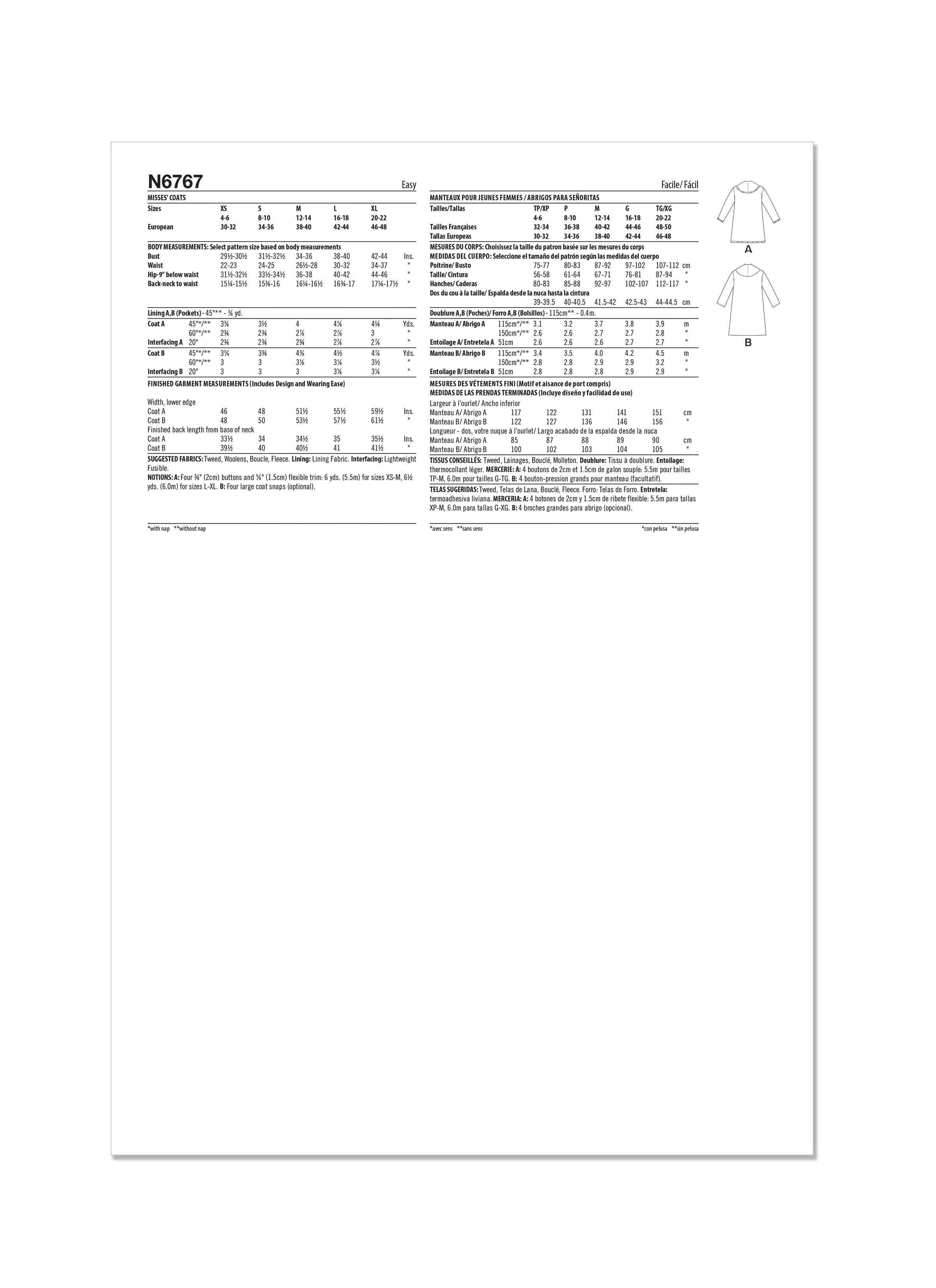 New Look Sewing Pattern 6767 Misses' Coats