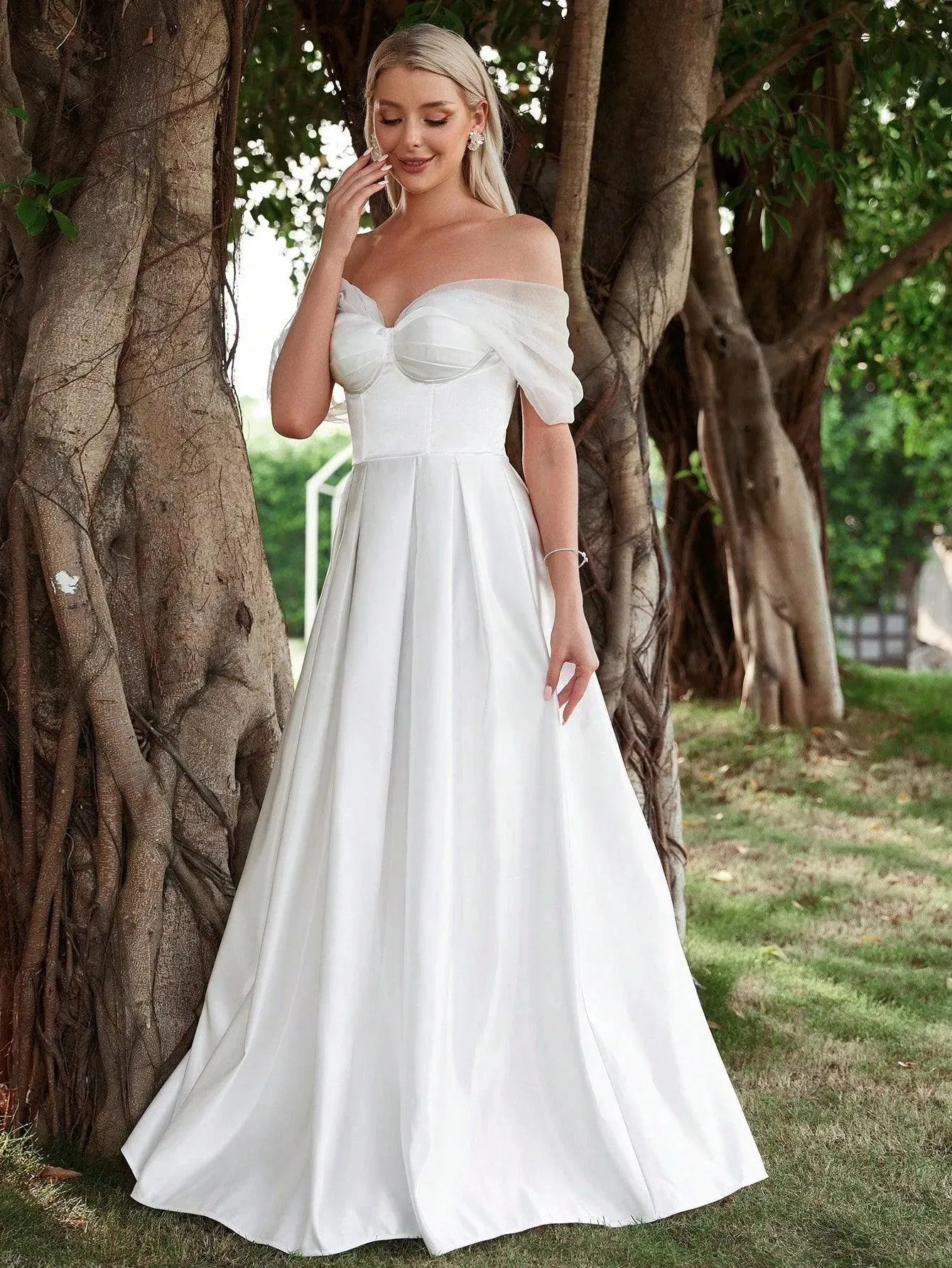 Off Shoulder Ruched Bust Satin Wedding Dress