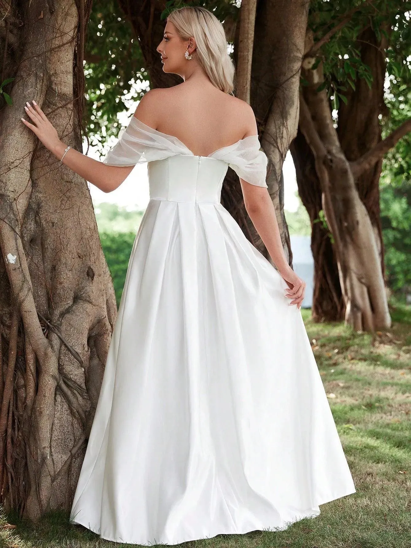 Off Shoulder Ruched Bust Satin Wedding Dress