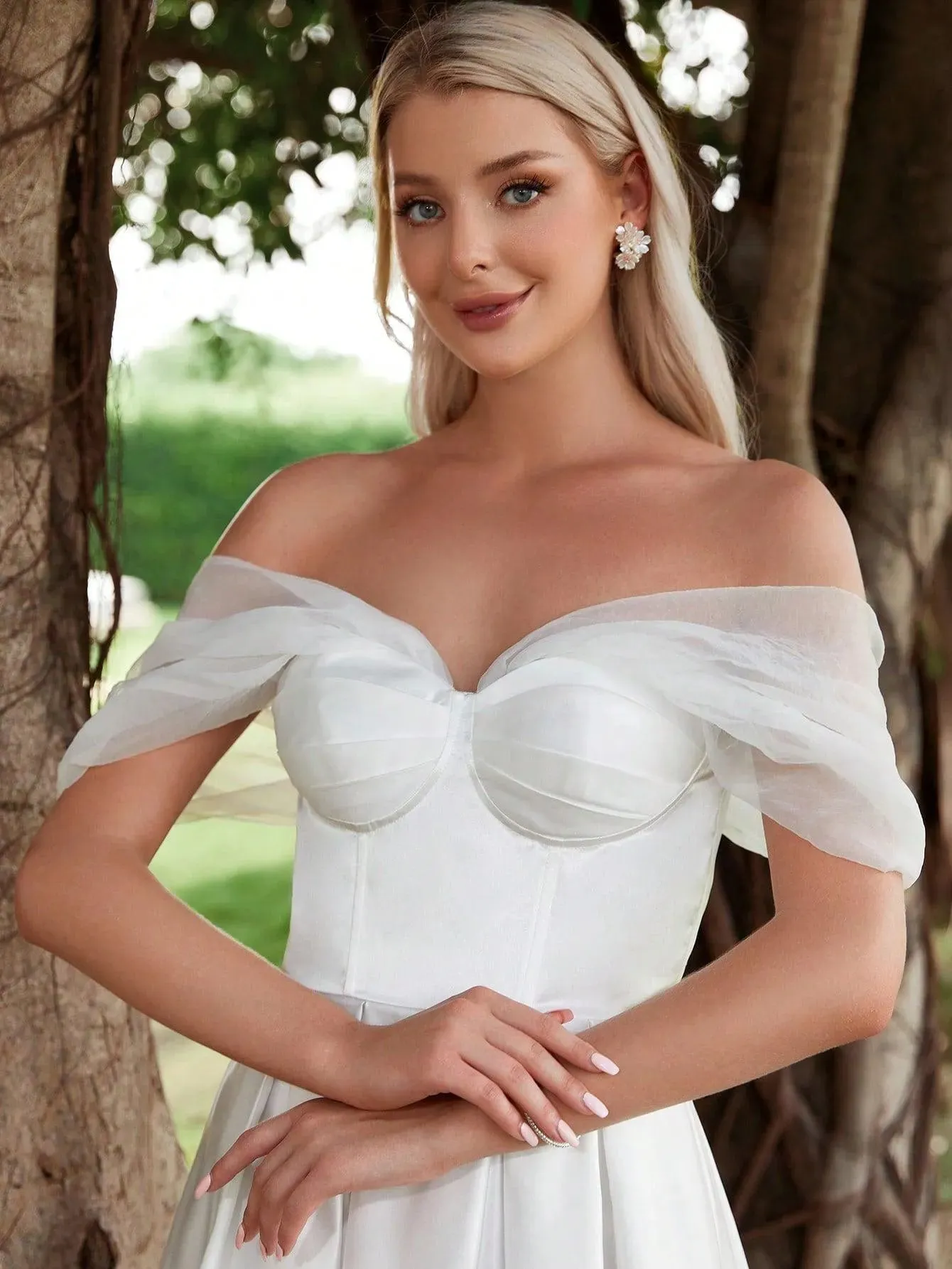 Off Shoulder Ruched Bust Satin Wedding Dress